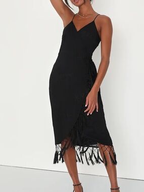 LULUS Fun Affair Black Floral Embroidered Tassel Wrap Midi Dress Small NWT